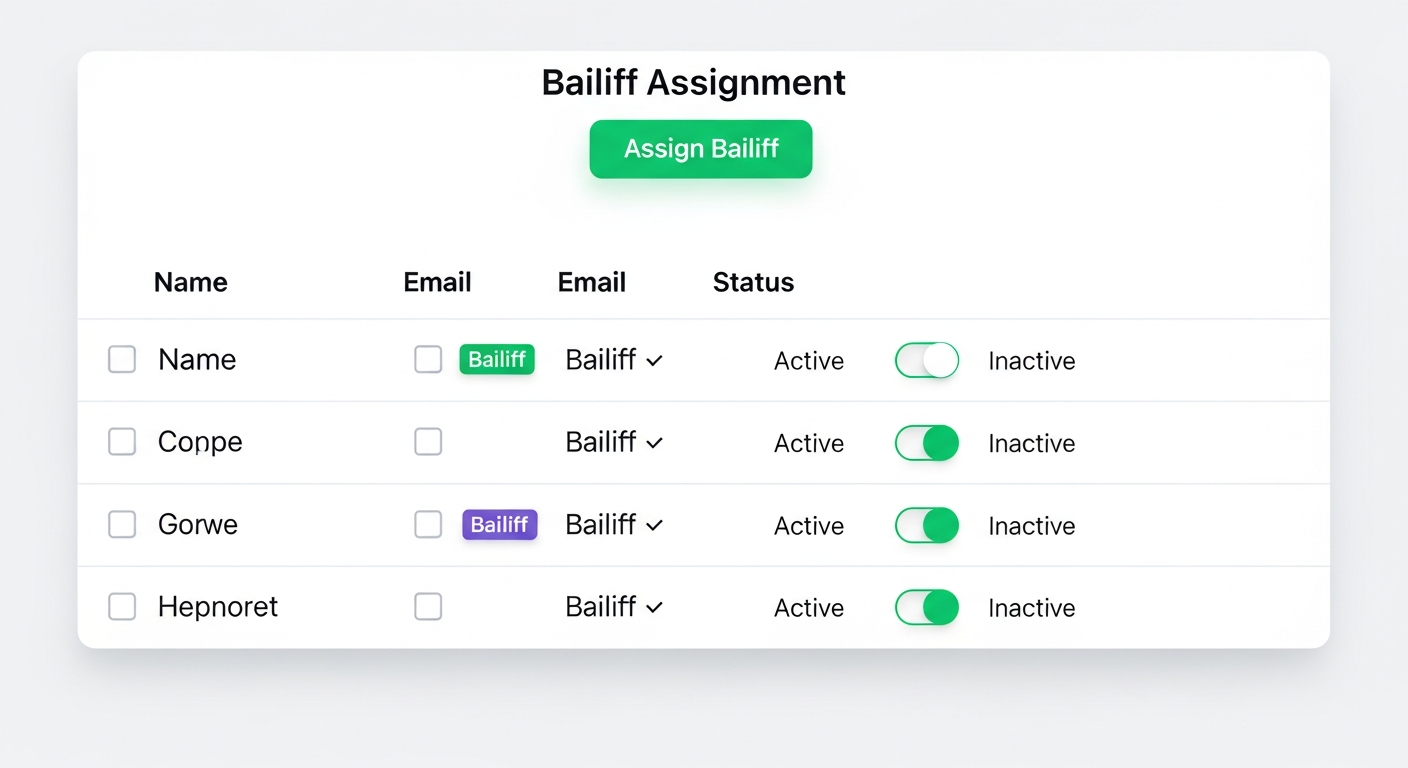 Bailiff assignment page showing club members with role badges and active toggles