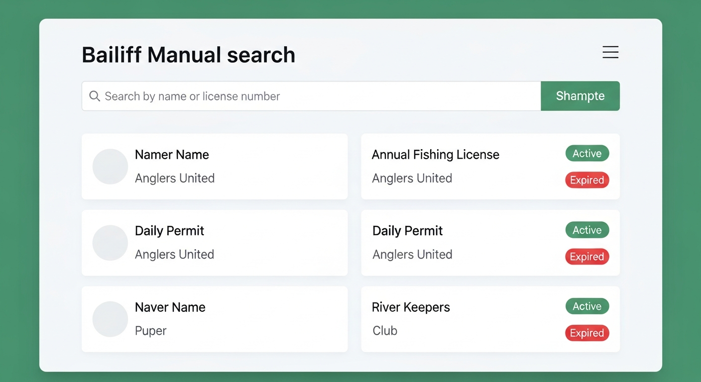 Manual license search page with search bar and results showing angler details