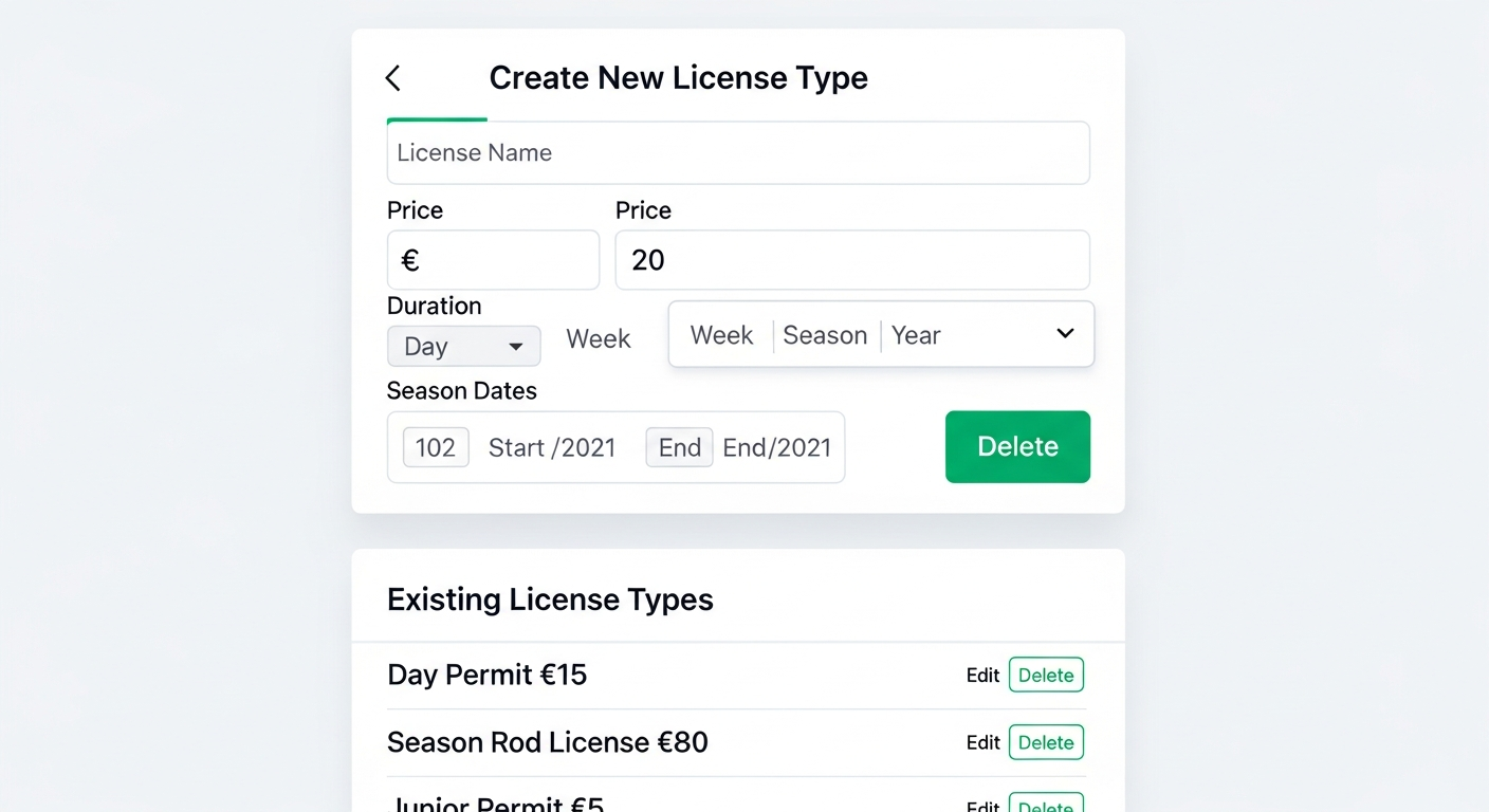Club admin page for setting up fishing license types with name, price, and duration fields