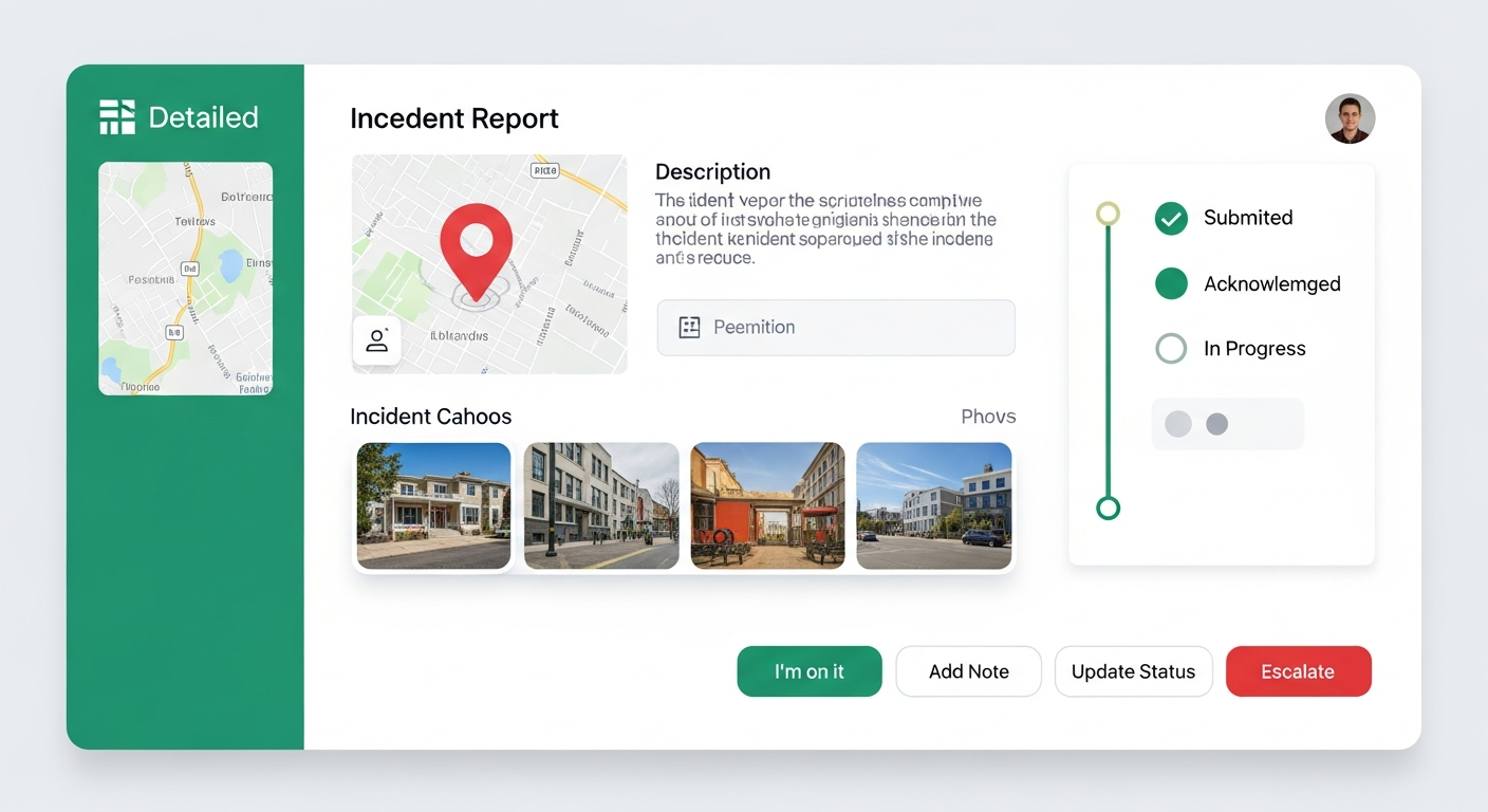 Incident report detail page with map pin, photos, timeline, and action buttons