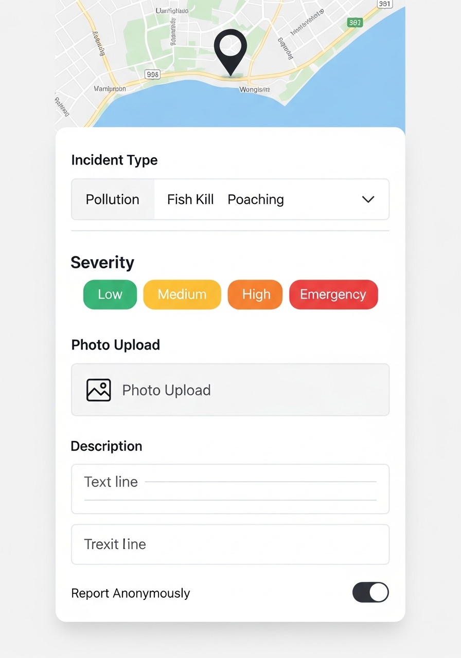 Report incident page with map, form fields, and submission options