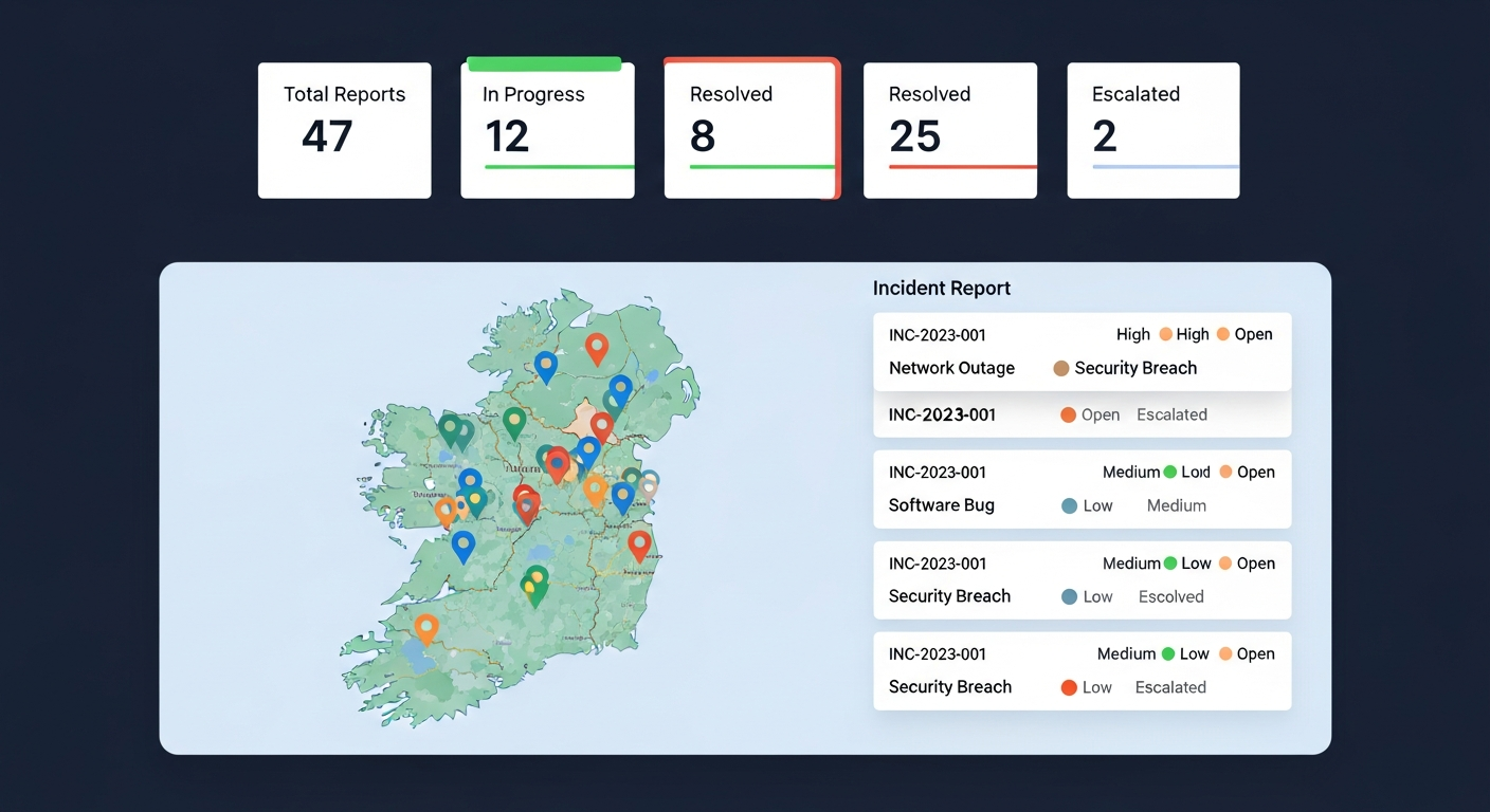 Reports dashboard showing stats cards and incident map with coloured pins