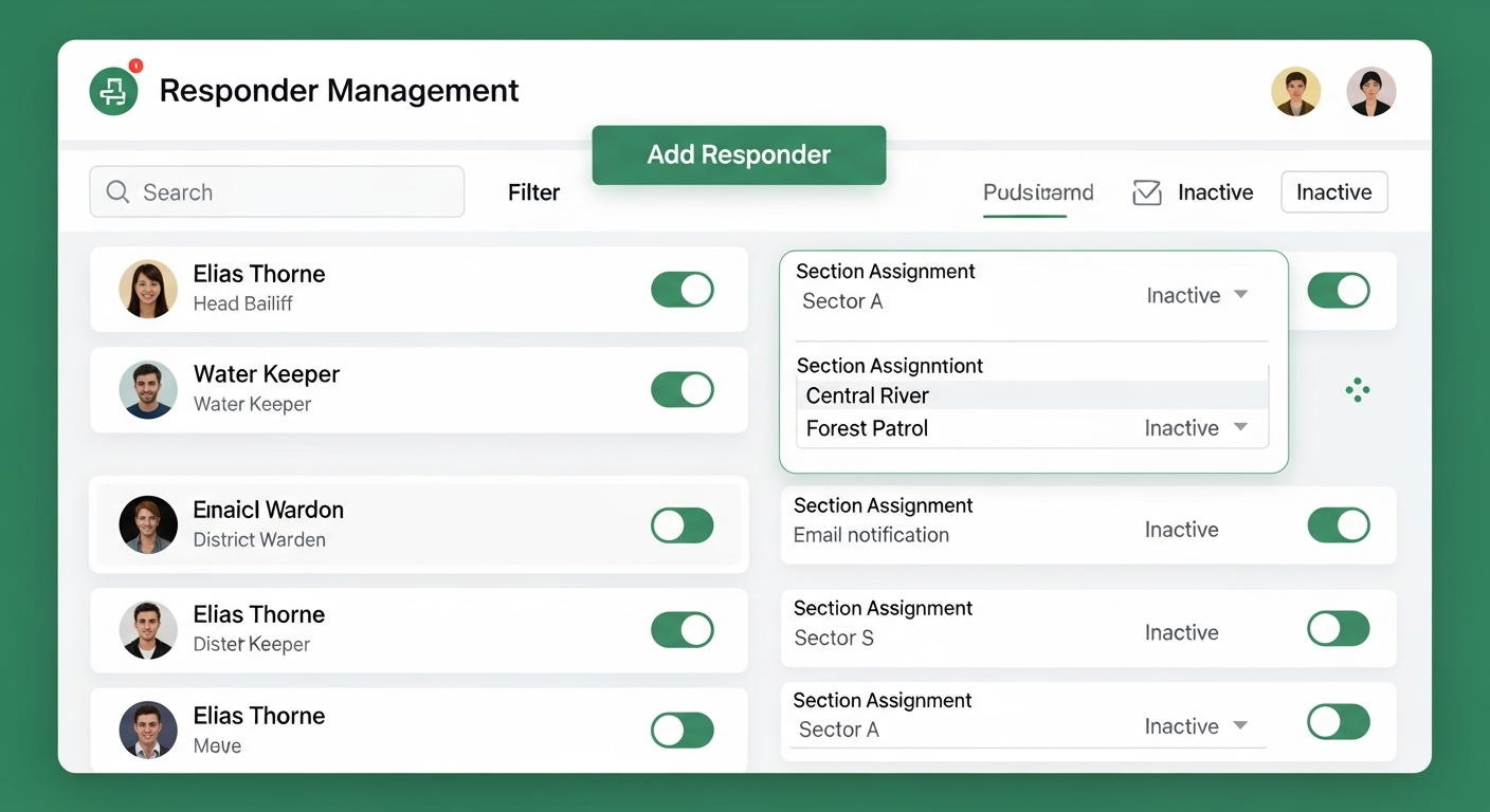 Responders management page with role titles and notification toggles