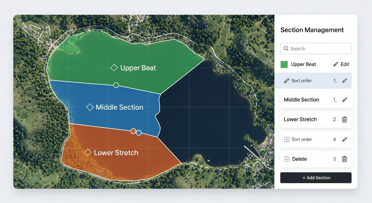 Water divided into named sections on the map with management panel